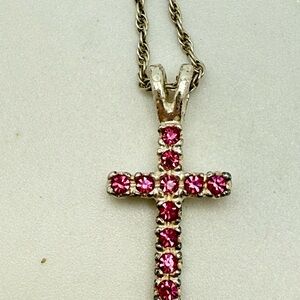 Silver Tone Pink Rhinestone Cross Pendant Necklace